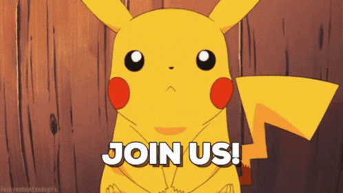Pikachu nodding with a caption that says, "Join us!"