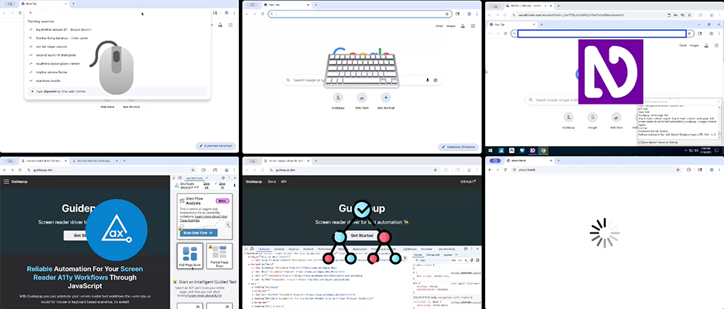 Poster image for a video showing 6 browser windows running simultaneous, each showing a different aspect of our end-to-end testing library’s capabilities.